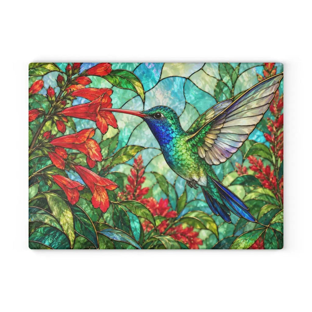Hummingbird Cutting Board, Stained Glass Hummingbird Decor, Red Flower Kitchen Decor, Bird Lover Gift, Nature Inspired Gift