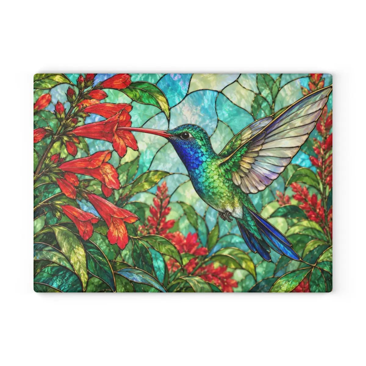 Hummingbird Cutting Board, Stained Glass Hummingbird Decor, Red Flower Kitchen Decor, Bird Lover Gift, Nature Inspired Gift