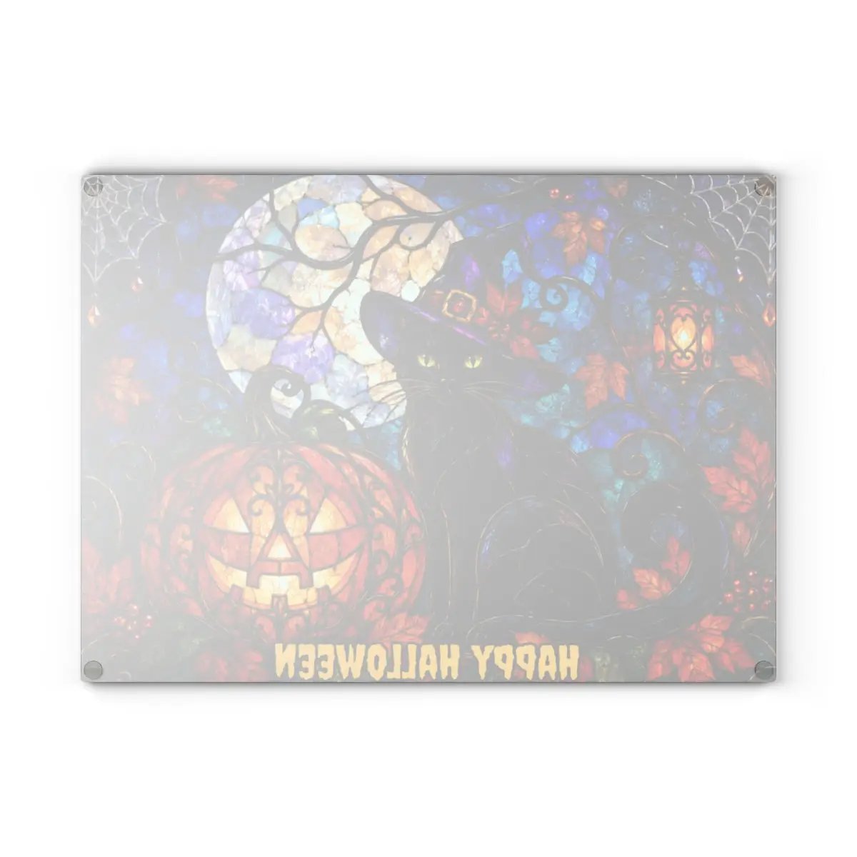 Halloween Black Witch Cat Personalized Glass Cutting Board, Spooky Pumpkin Kitchen Decor