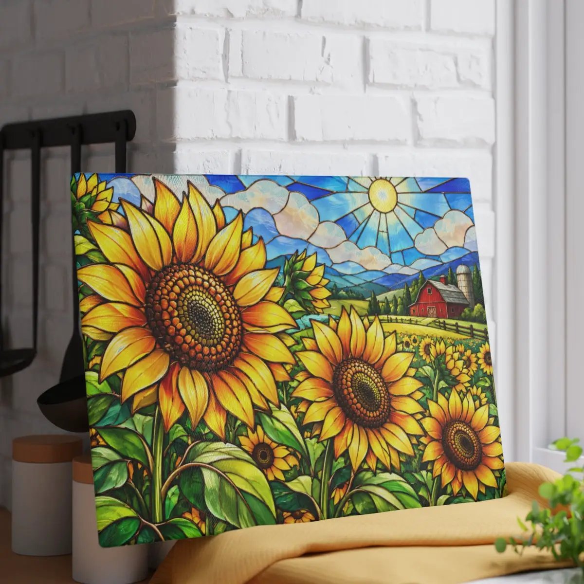 Sunflower Glass Cutting Board, Farmhouse Kitchen Decor, Country Sunflower Chopping Board, Stained Glass Floral Gift, Housewarming Gift