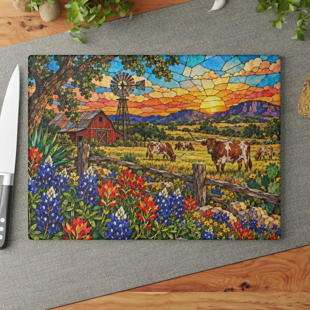 Texas Longhorn Glass Cutting Board, Bluebonnet Ranch Kitchen Decor, Western Farmhouse Gift, Texas Country Decor, Longhorn Cattle Art