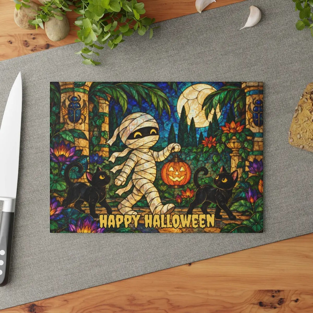 Halloween Mummy Personalized Glass Cutting Board, Spooky Kitchen Decor
