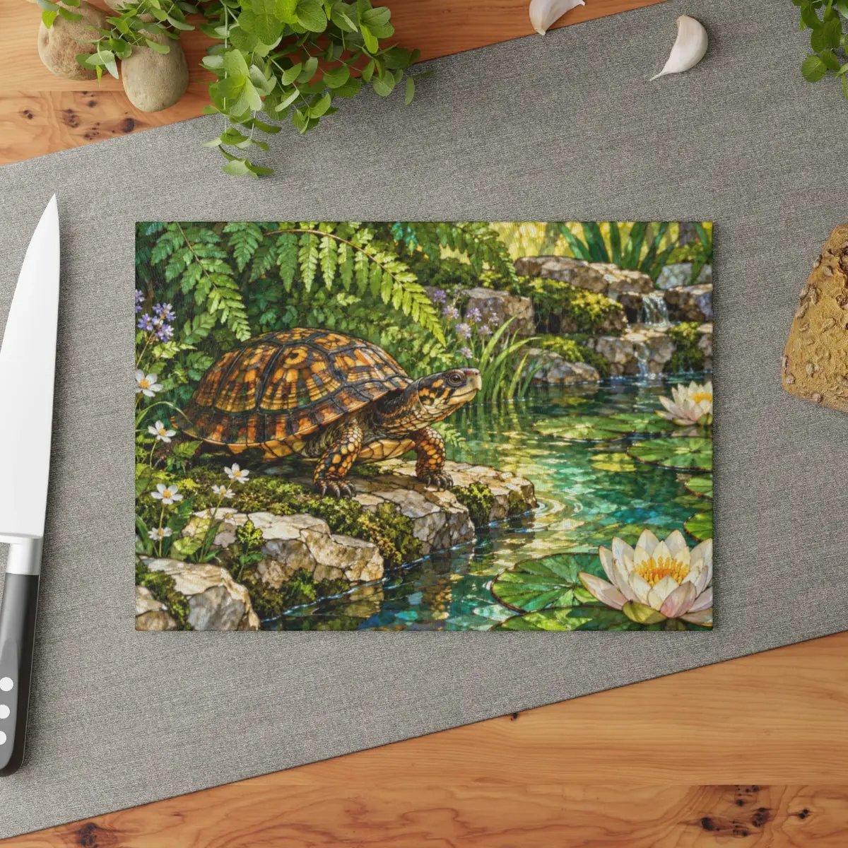 Box Turtle Glass Cutting Board, Pond Nature Kitchen Decor, Reptile Lover Gift, Wildlife Chopping Board, Decorative Tempered Glass Board