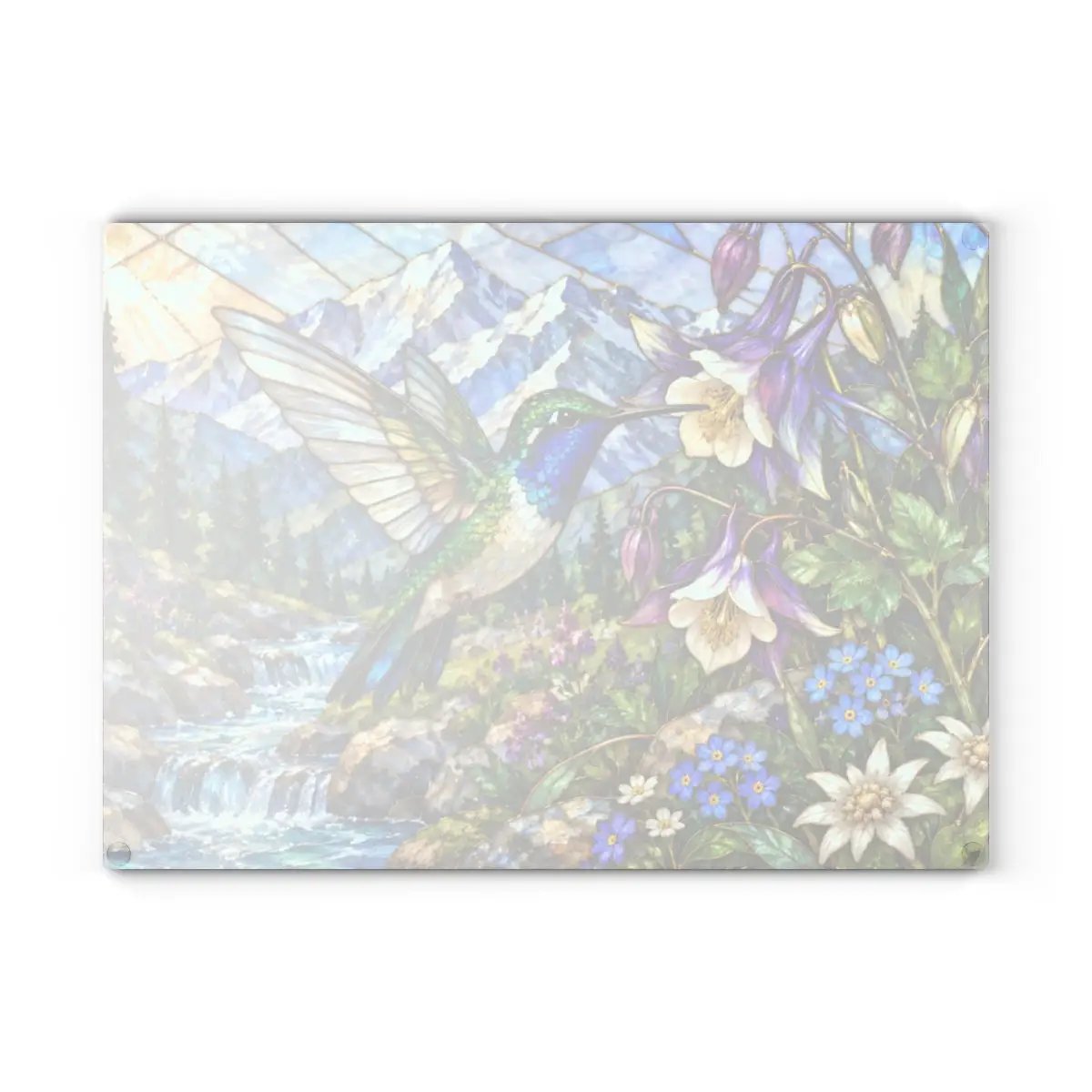 Hummingbird Glass Cutting Board, Stained Glass Mountain Art, Columbine Flower Kitchen Decor, Bird Lover Gift, Alpine Nature Cutting Board