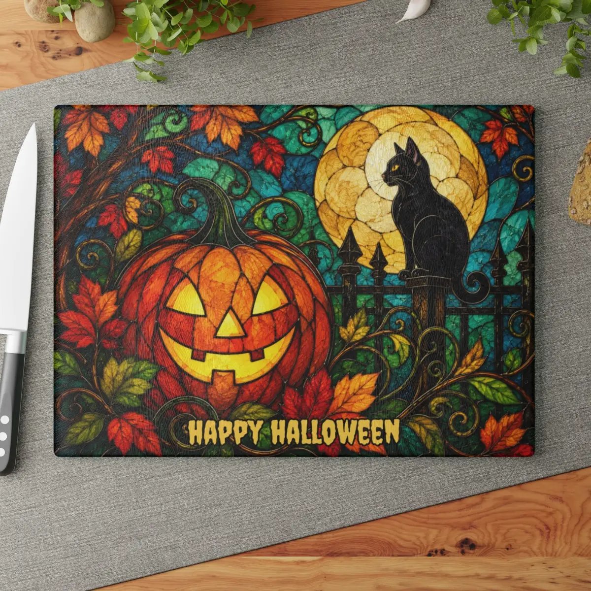 Halloween Black Cat and Jack-O-Lantern Personalized Glass Cutting Board, Spooky Pumpkin Kitchen Decor
