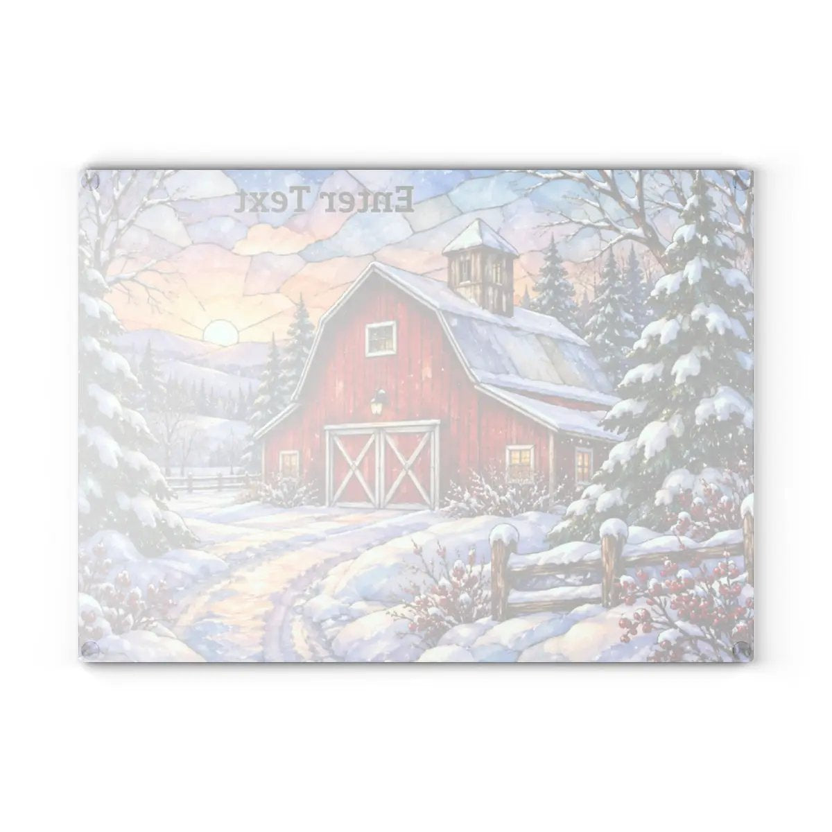Winter Country Barn Glass Cutting Board, Red Barn Farmhouse Kitchen Decor, Snowy Rustic Country Christmas Gift