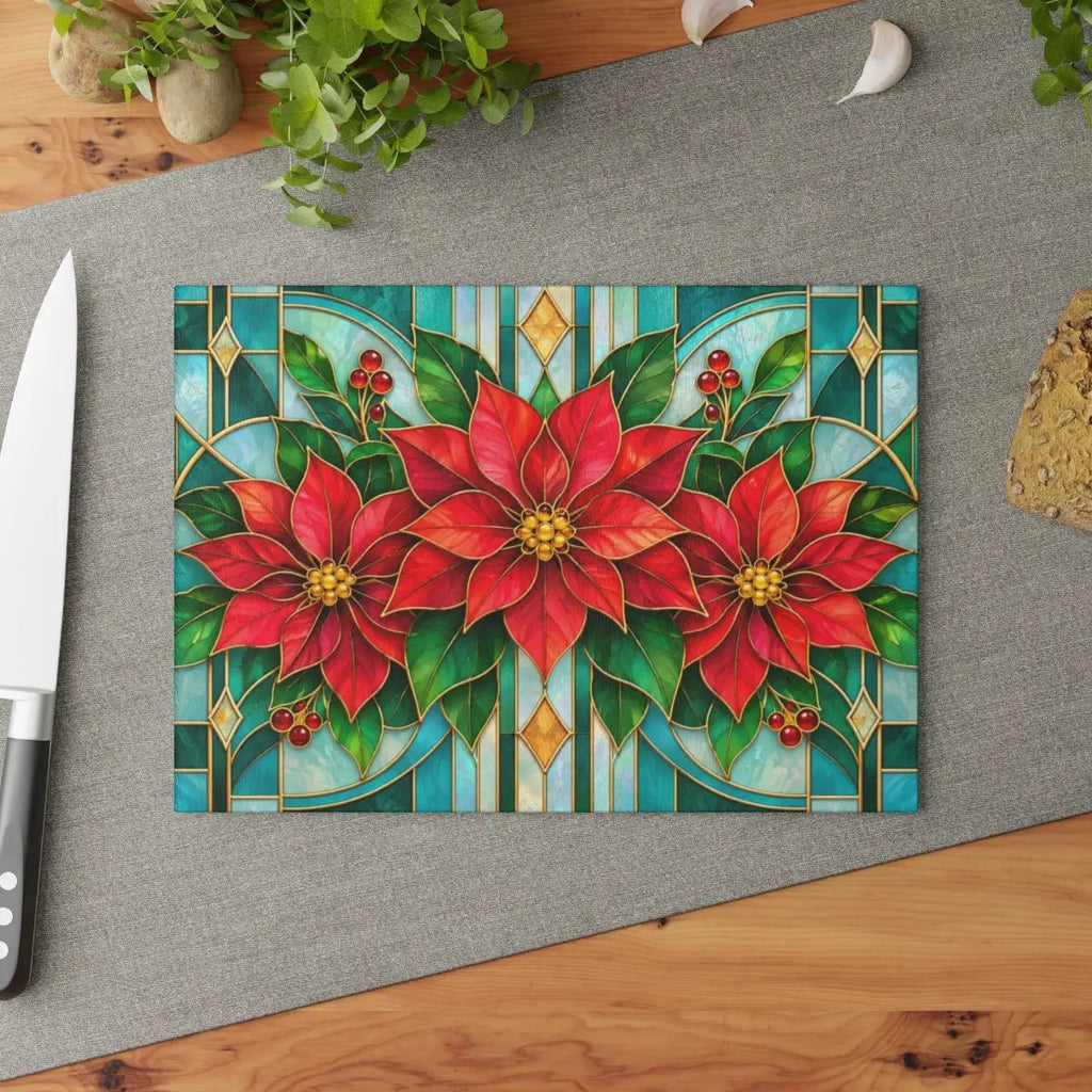 Christmas Poinsettia Glass Cutting Board, Stained Glass Floral Kitchen Decor, Holiday Serving Board, Festive Cooking Gift for Home Chefs
