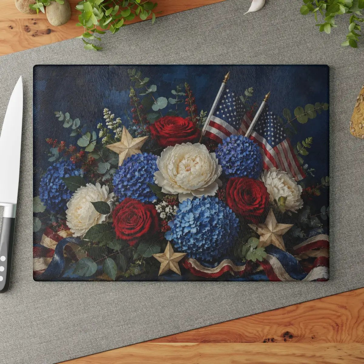 Patriotic Floral Cutting Board, American Flag Glass Cutting Board, Red White Blue Kitchen Decor, Americana Gift, 4th of July Decor