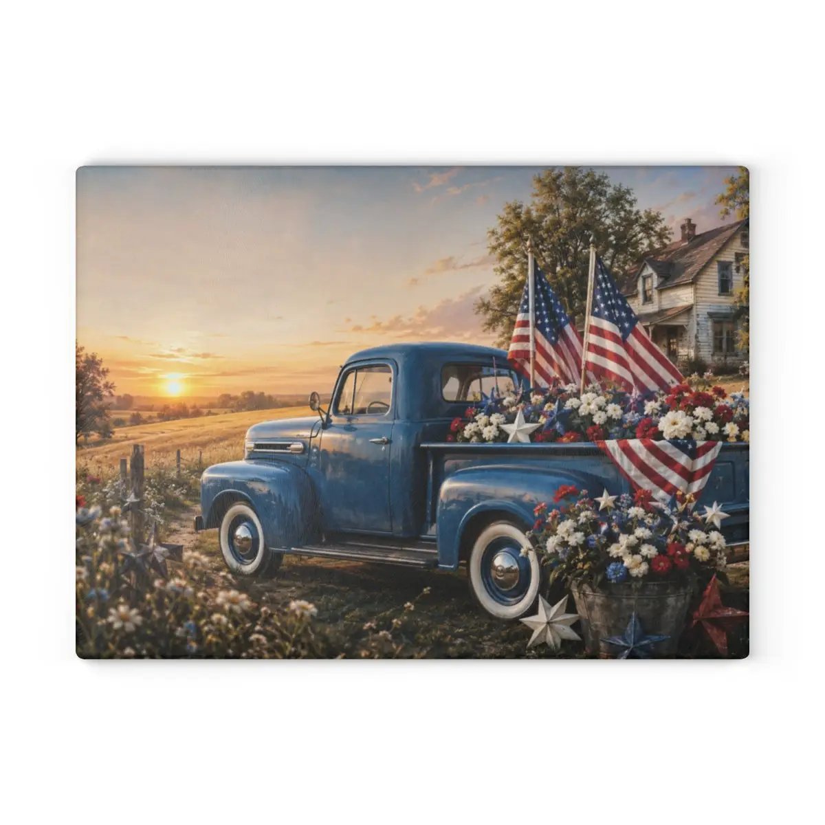 Vintage Blue Truck Patriotic Glass Cutting Board, Americana Kitchen Decor, Fourth of July Cutting Board, Farmhouse USA Decor