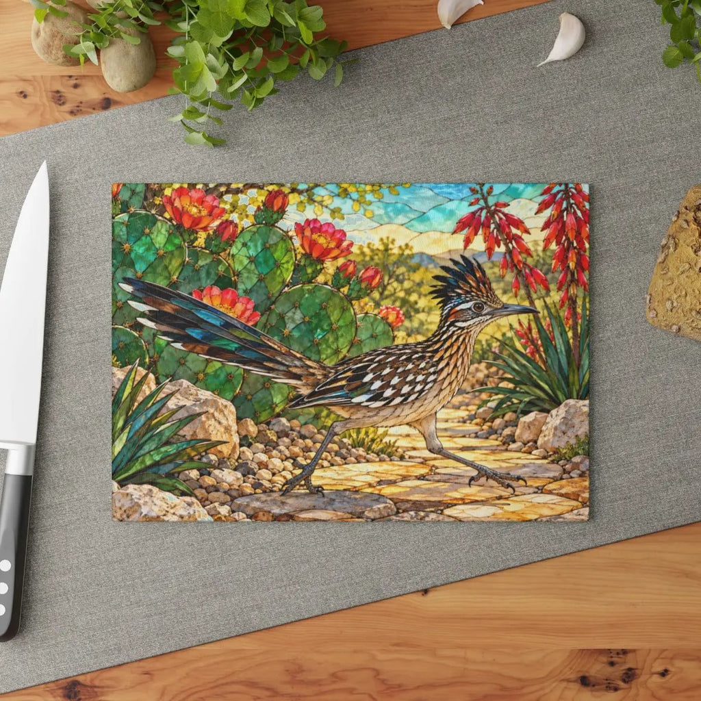 Roadrunner Glass Cutting Board, Desert Bird Kitchen Decor, Southwestern Cactus Chopping Board, Wildlife Lover Gift, Kitchen Counter Accent