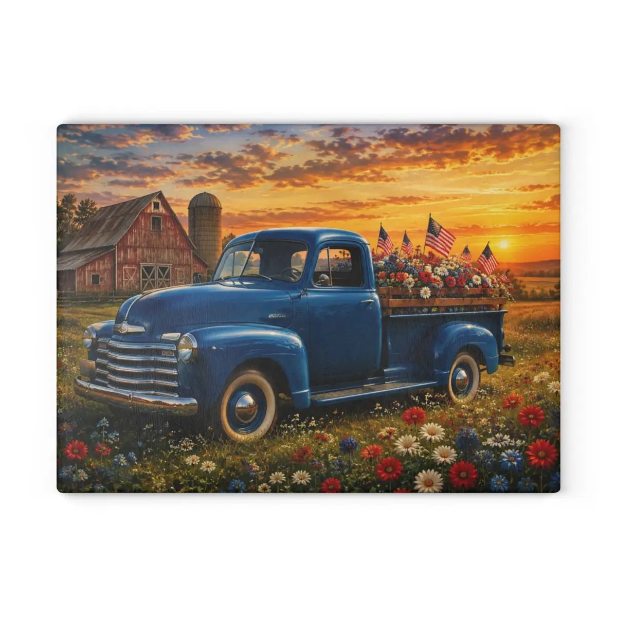 Vintage Blue Truck Glass Cutting Board, Patriotic Country Kitchen Decor, American Flag Farmhouse Gift, Rustic Patriotic USA Decor