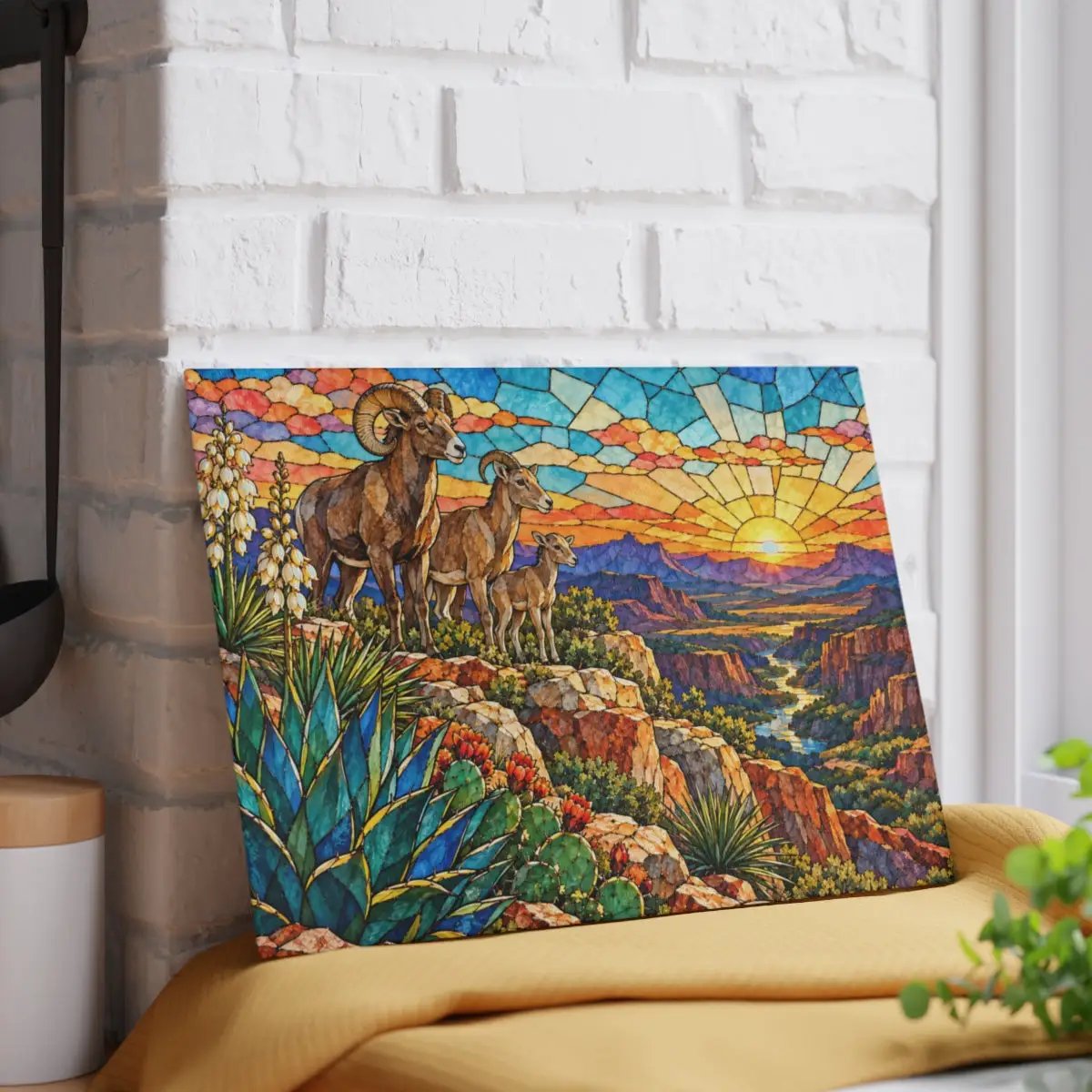Bighorn Sheep Glass Cutting Board, Texas Wildlife Kitchen Decor, Stained Glass Desert Landscape, Southwestern Cutting Board, Wildlife Gift