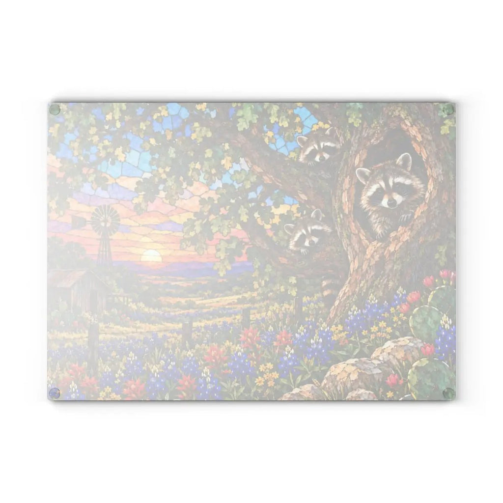 Raccoon Family Glass Cutting Board, Raccoon Lover Gift, Texas Bluebonnet Kitchen Decor, Country Wildlife Cutting Board, Rustic Farmhouse Gift