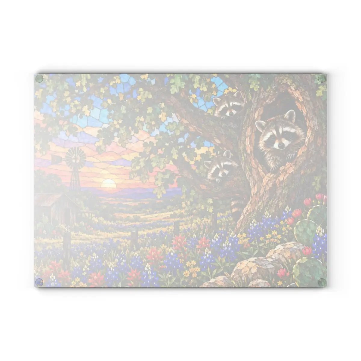 Raccoon Family Glass Cutting Board, Raccoon Lover Gift, Texas Bluebonnet Kitchen Decor, Country Wildlife Cutting Board, Rustic Farmhouse Gift