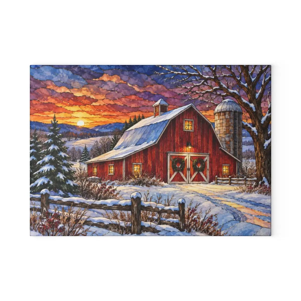 Personalized Winter Barn Cutting Board, Country Farmhouse Kitchen Decor, Stained Glass Farm Scene, Rustic Christmas Gift, Custom Family Gift
