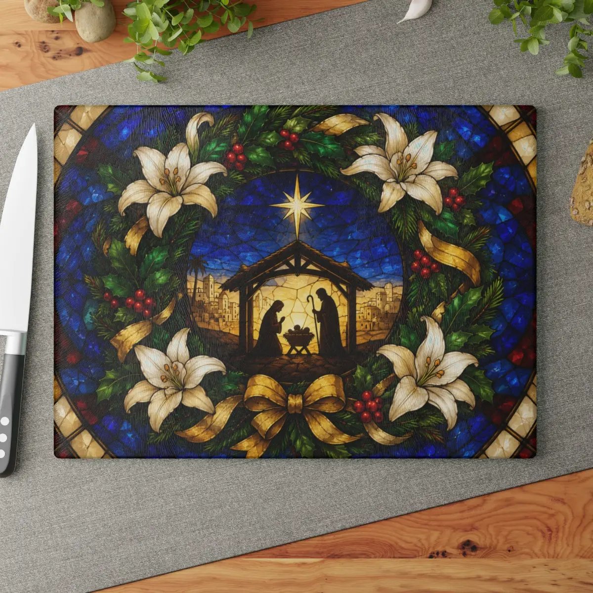 Nativity Glass Cutting Board, Stained Glass Christmas Decor, Holy Family Christian Kitchen Gift, Religious Christmas Cutting Board