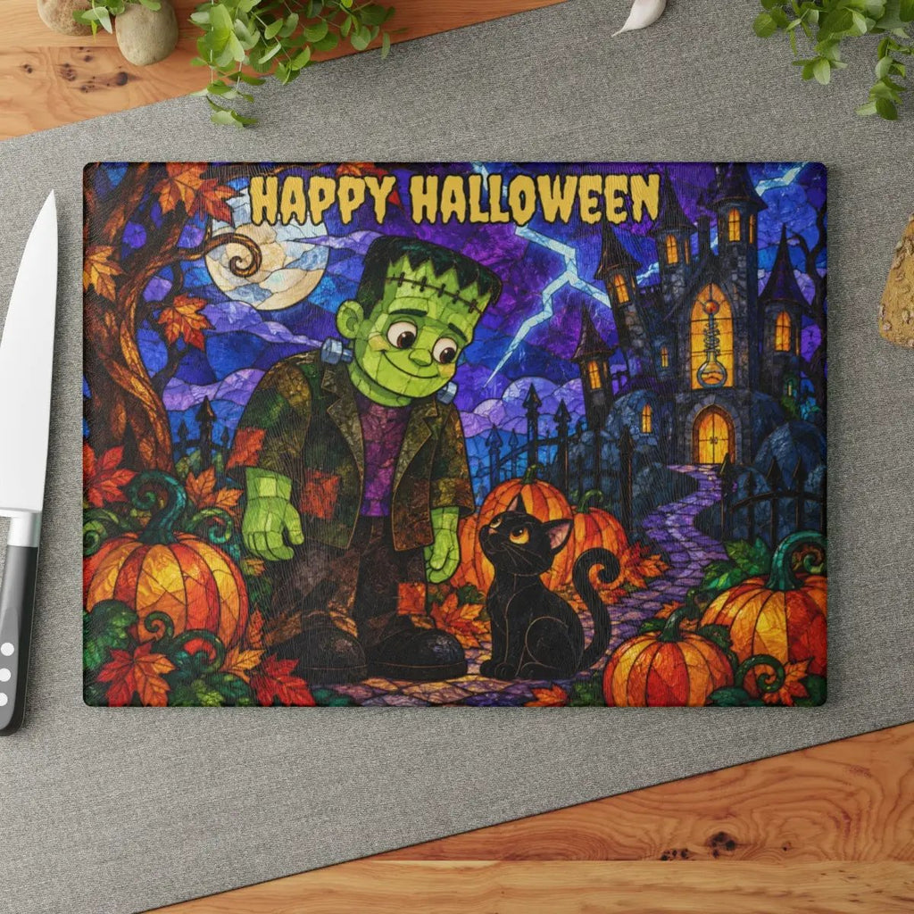 Halloween Monster Personalized Glass Cutting Board, Frankenstein Inspired Kitchen Decor