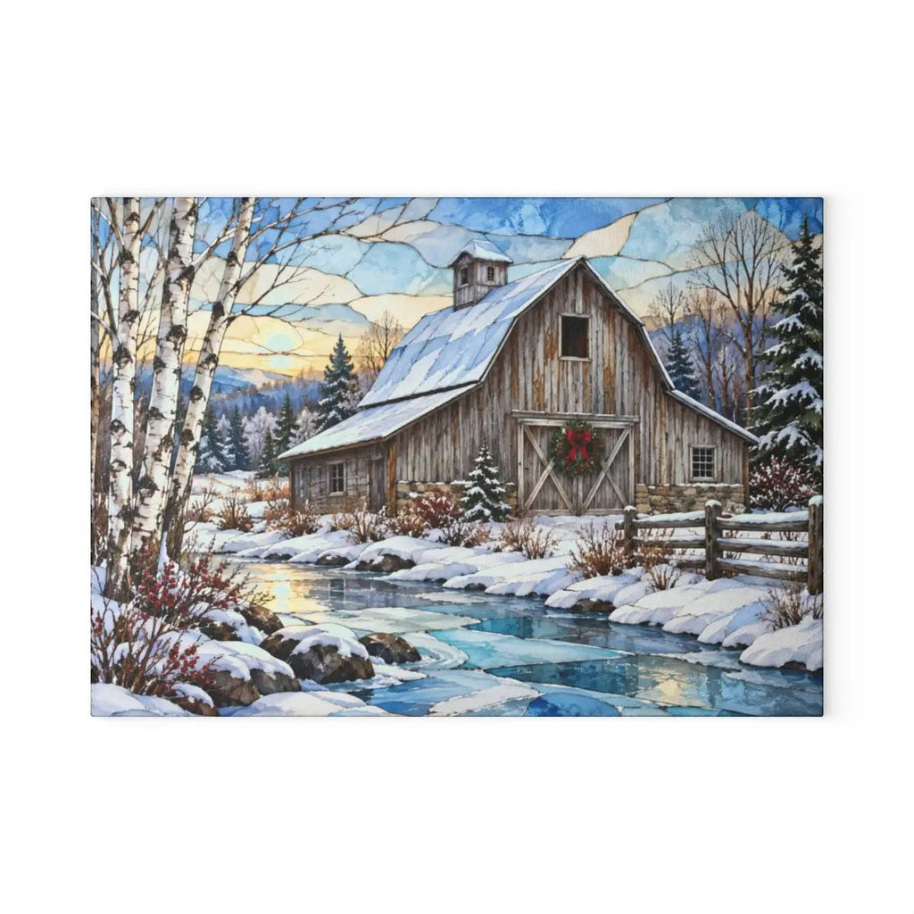 Personalized Winter Barn Cutting Board, Country Farmhouse Kitchen Decor, Stained Glass Farm Scene, Rustic Christmas Gift, Custom Family Gift