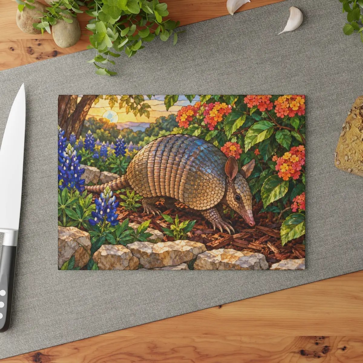 Armadillo Glass Cutting Board, Texas Kitchen Decor, Bluebonnet Armadillo Gift, Stained Glass Style Wildlife Art, Texas Housewarming Gift