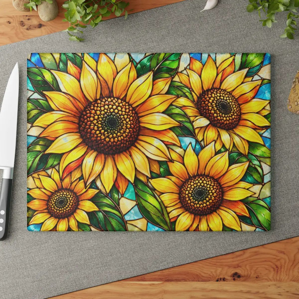 Sunflower Glass Cutting Board, Bold Floral Kitchen Decor, Stained Glass Sunflower Art, Yellow Flower Cutting Board, Sunflower Lover Gift