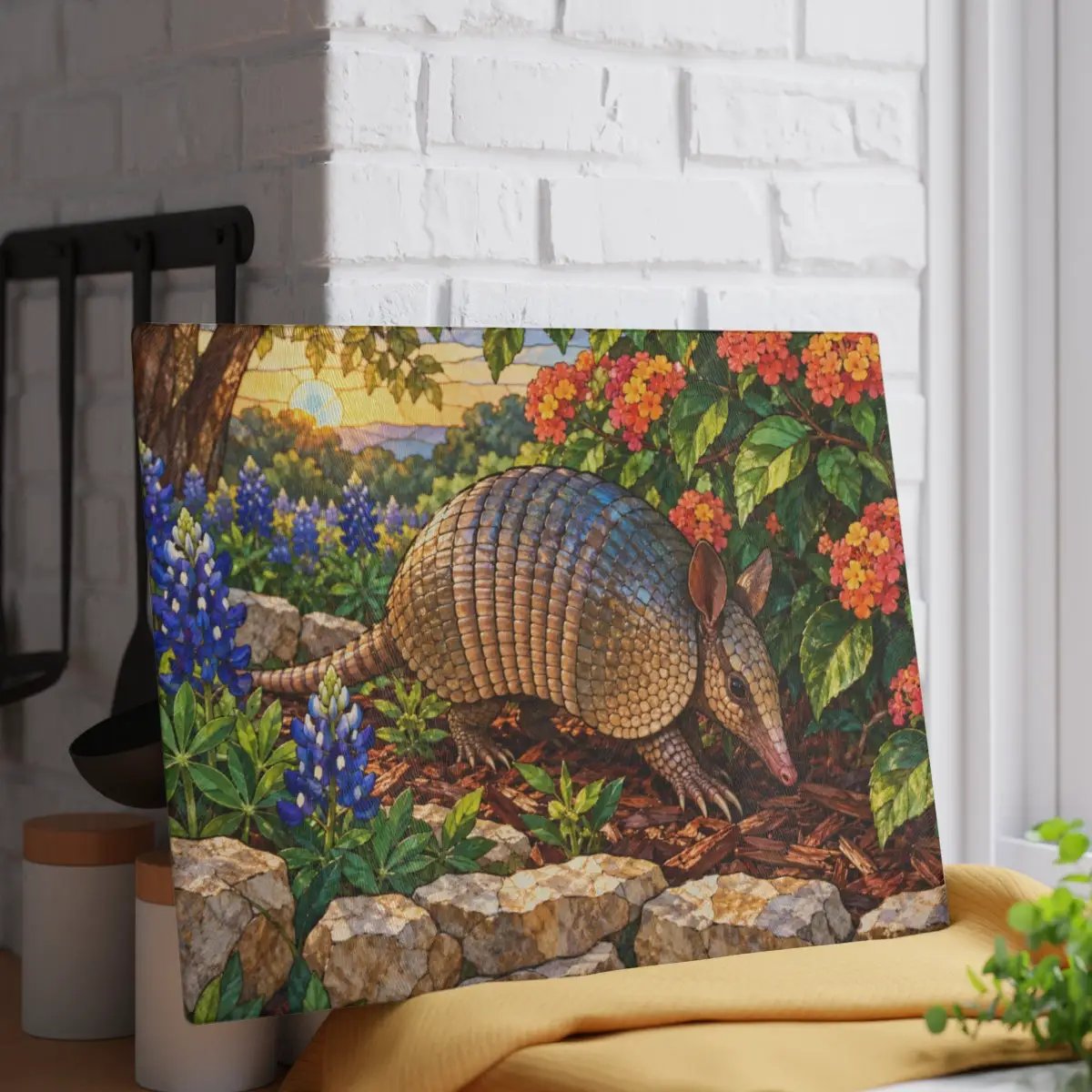 Armadillo Glass Cutting Board, Texas Kitchen Decor, Bluebonnet Armadillo Gift, Stained Glass Style Wildlife Art, Texas Housewarming Gift