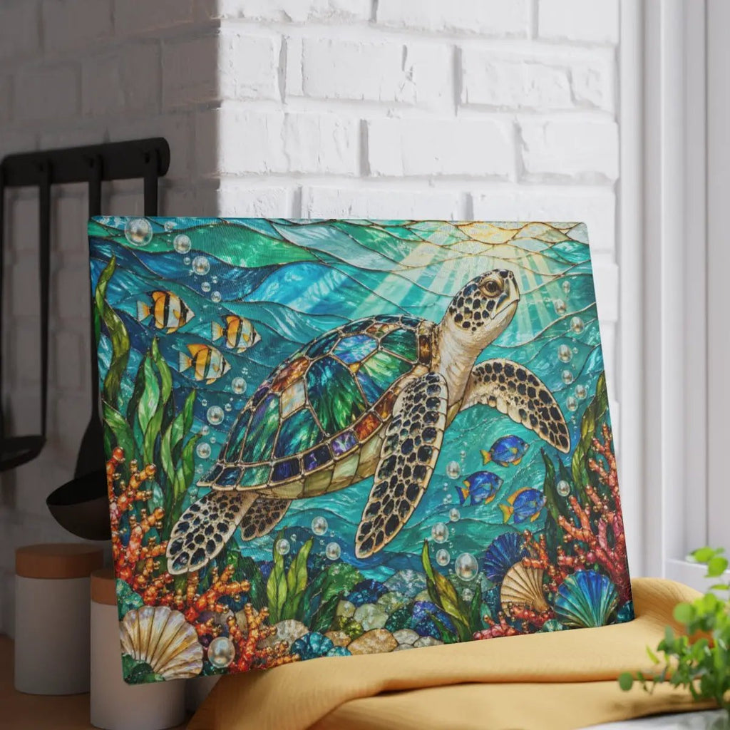 Sea Turtle Cutting Board, Ocean Kitchen Decor, Underwater Glass Chopping Board, Coastal Beach House Gift, Marine Life Kitchen Accent