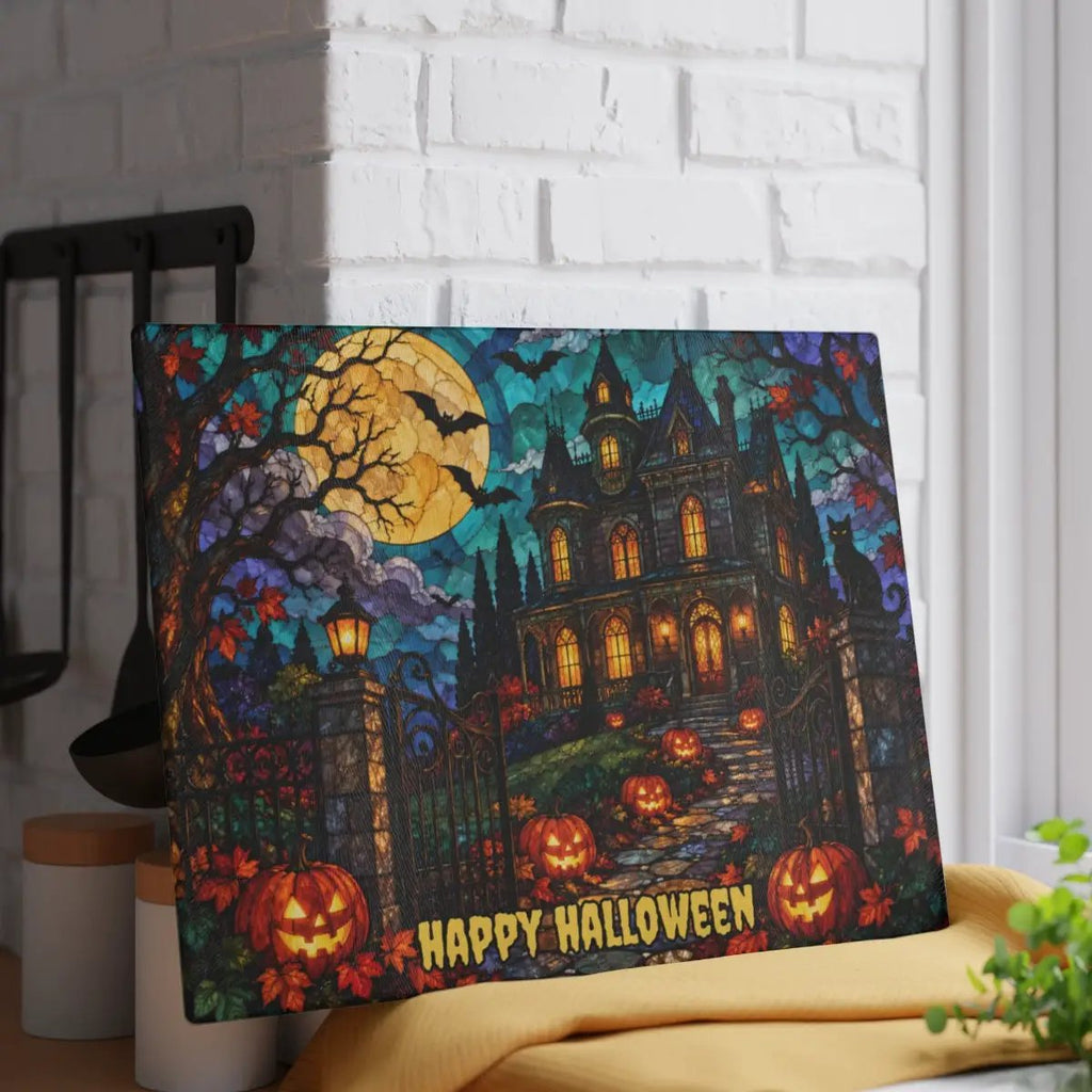 Halloween Haunted Mansion Personalized Glass Cutting Board, Spooky Pumpkin Kitchen Decor