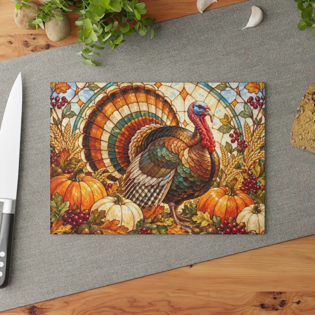 Thanksgiving Turkey Glass Cutting Board, Fall Harvest Kitchen Decor, Pumpkin Turkey Chopping Board, Thanksgiving Hostess Gift