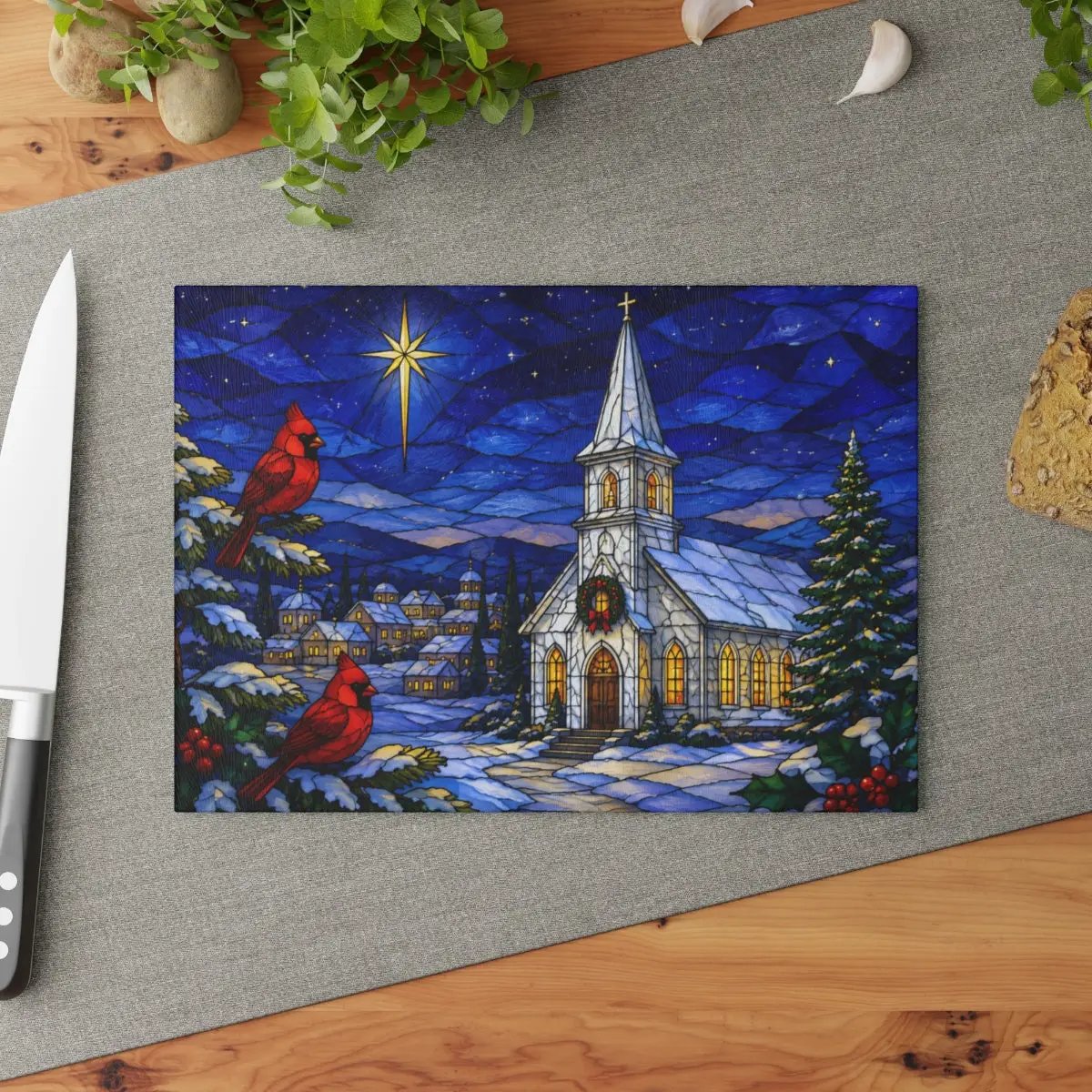 Christmas Church Glass Cutting Board, Cardinal Stained Glass Decor, Christian Christmas Kitchen Gift, Religious Holiday Decor