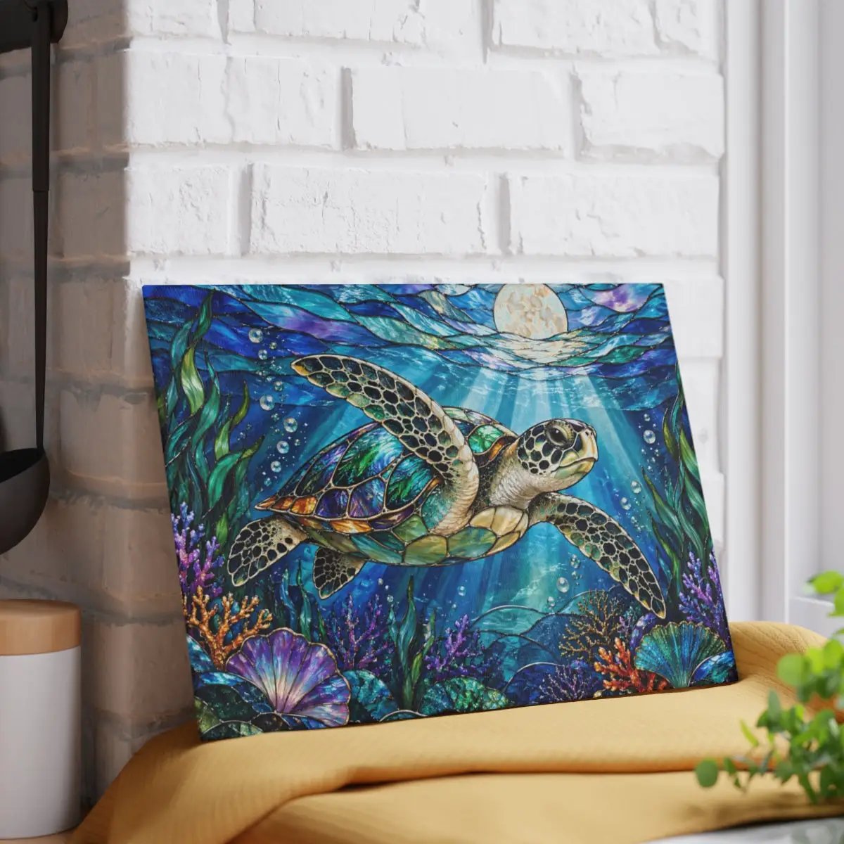 Sea Turtle Cutting Board, Ocean Kitchen Decor, Underwater Sea Life Chopping Board, Moonlit Marine Animal Gift, Coastal Kitchen Accent