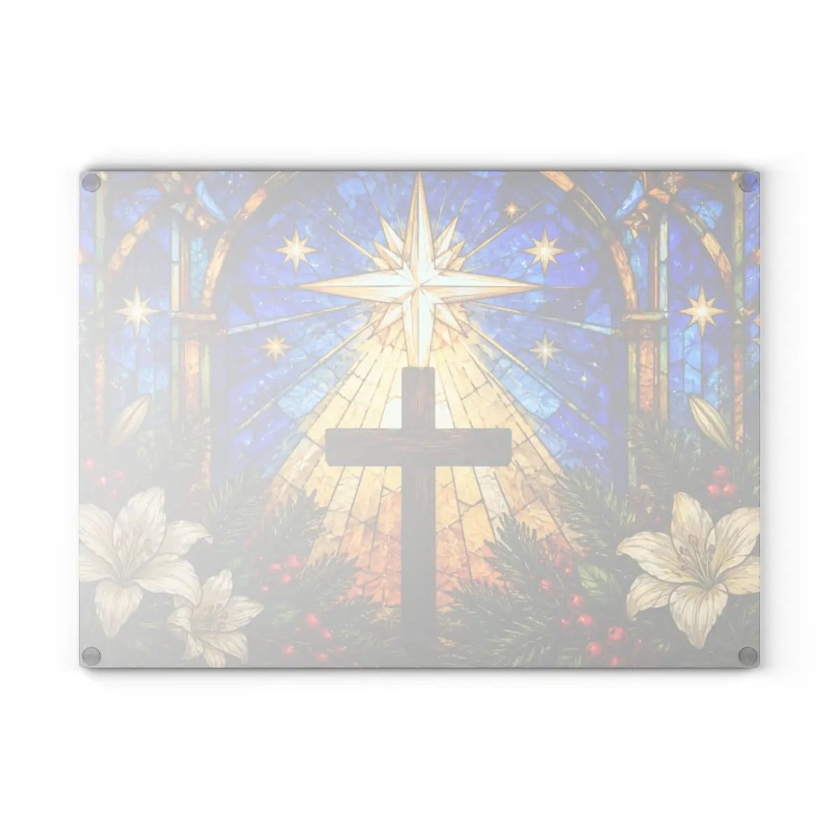 Christian Cross Glass Cutting Board, Stained Glass Christmas Decor, Religious Kitchen Gift, Star of Bethlehem Christian Gift