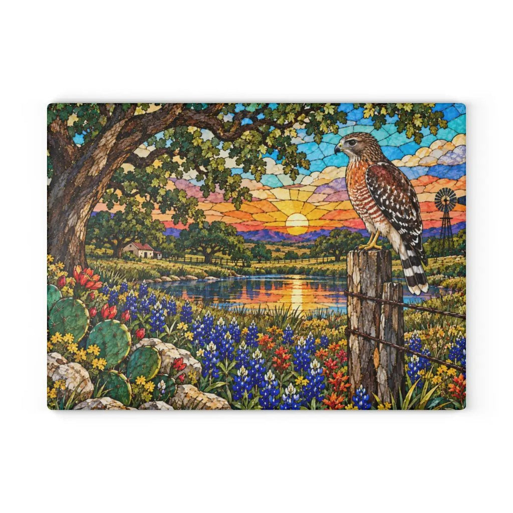 Red Shouldered Hawk Glass Cutting Board, Texas Wildlife Kitchen Decor, Bluebonnet Hawk Art, Bird Lover Gift, Rustic Texas Gift