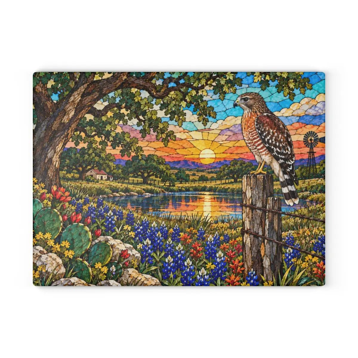 Red Shouldered Hawk Glass Cutting Board, Texas Wildlife Kitchen Decor, Bluebonnet Hawk Art, Bird Lover Gift, Rustic Texas Gift