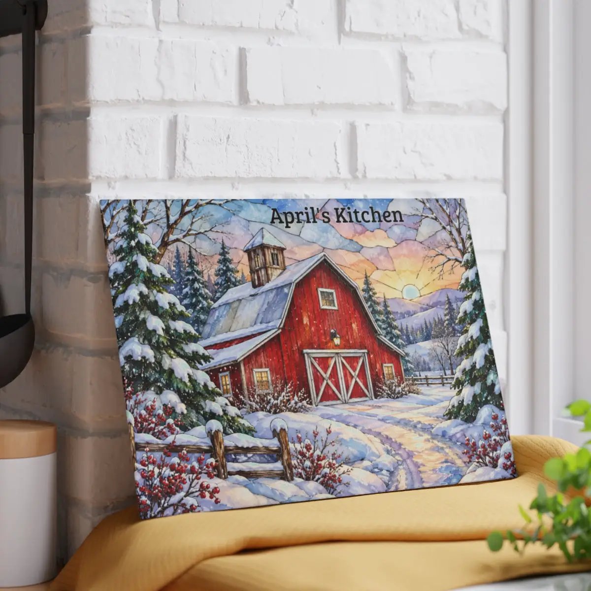 Winter Country Barn Glass Cutting Board, Red Barn Farmhouse Kitchen Decor, Snowy Rustic Country Christmas Gift
