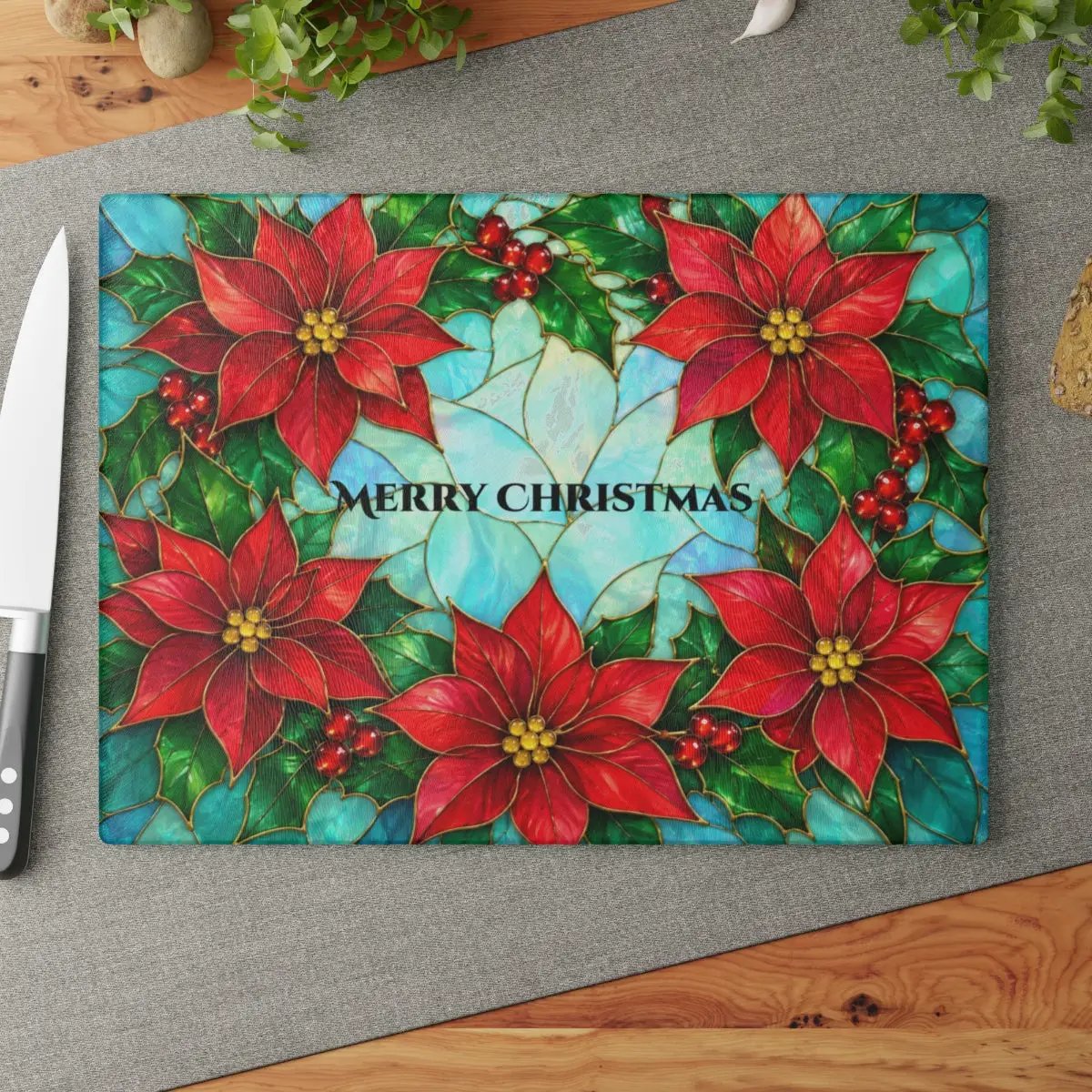 Poinsettia Glass Cutting Board, Christmas Kitchen Decor, Stained Glass Holiday Floral Chopping Board, Festive Hostess Gift for Home Cooks