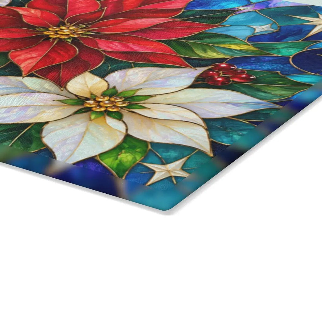 Christmas Poinsettia Glass Cutting Board, Stained Glass Floral Kitchen Decor, Holiday Serving Board, Festive Christmas Kitchen Gift