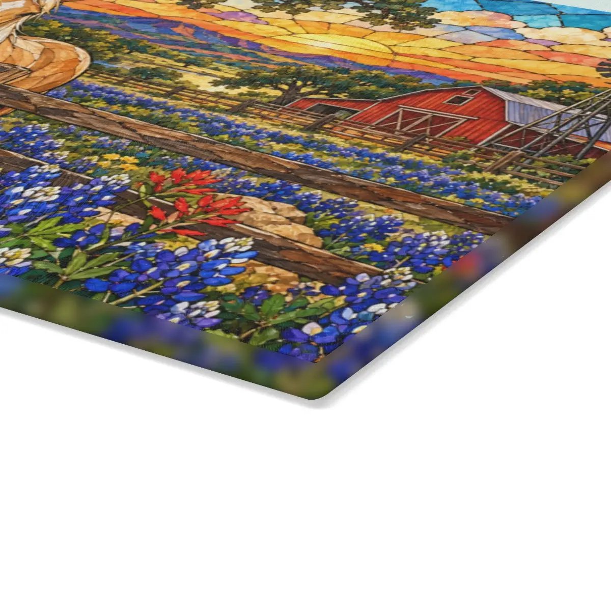 Bluebonnet Ranch Glass Cutting Board, Texas Horse Kitchen Decor, Bluebonnet Gift, Western Ranch Decor, Stained Glass Style Cutting Board