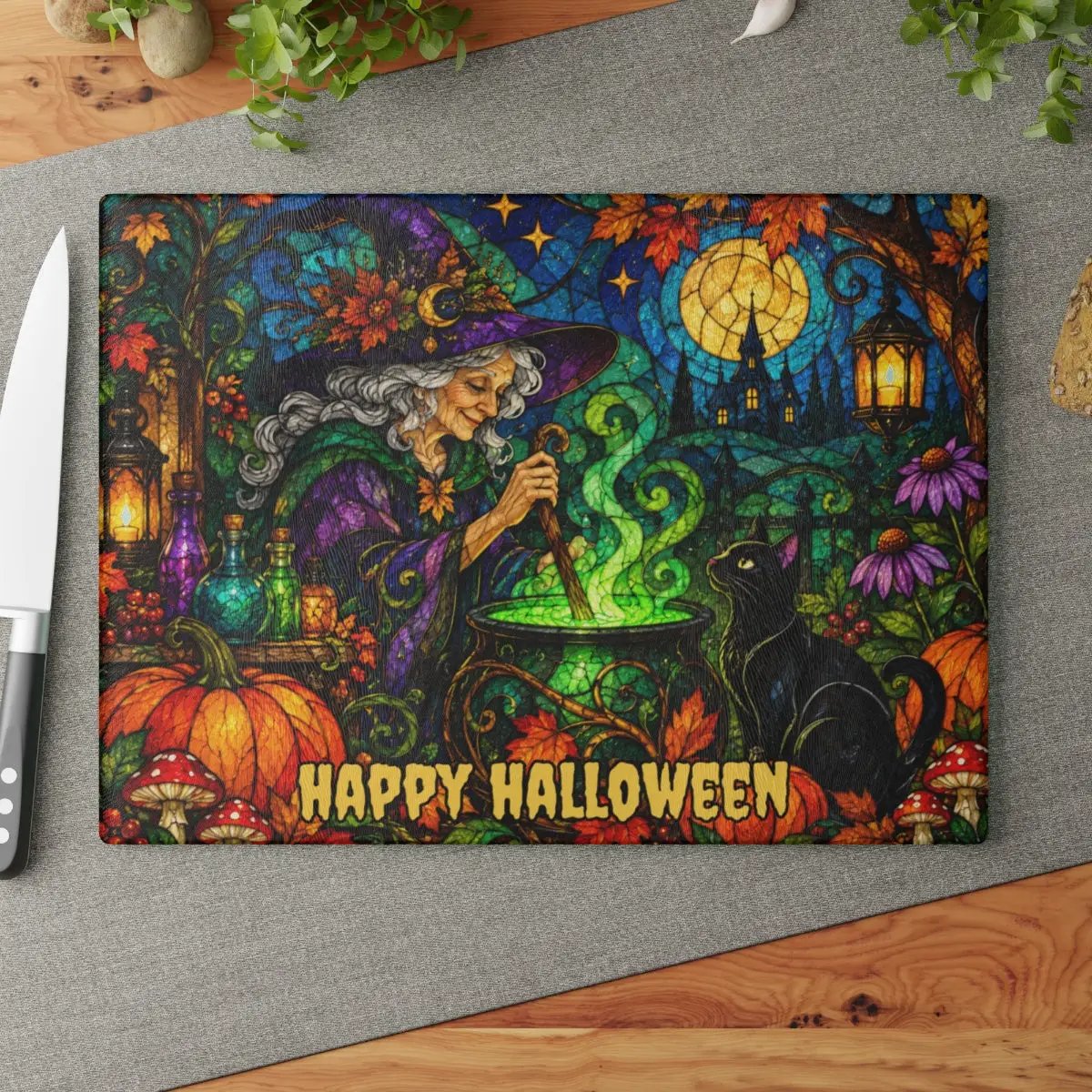 Halloween Witch Cauldron Personalized Glass Cutting Board, Spooky Black Cat Kitchen Decor