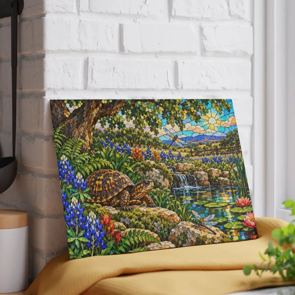 Box Turtle Glass Cutting Board, Texas Bluebonnet Kitchen Decor, Turtle and Dragonfly Gift, Wildlife Garden Cutting Board, Nature Decor