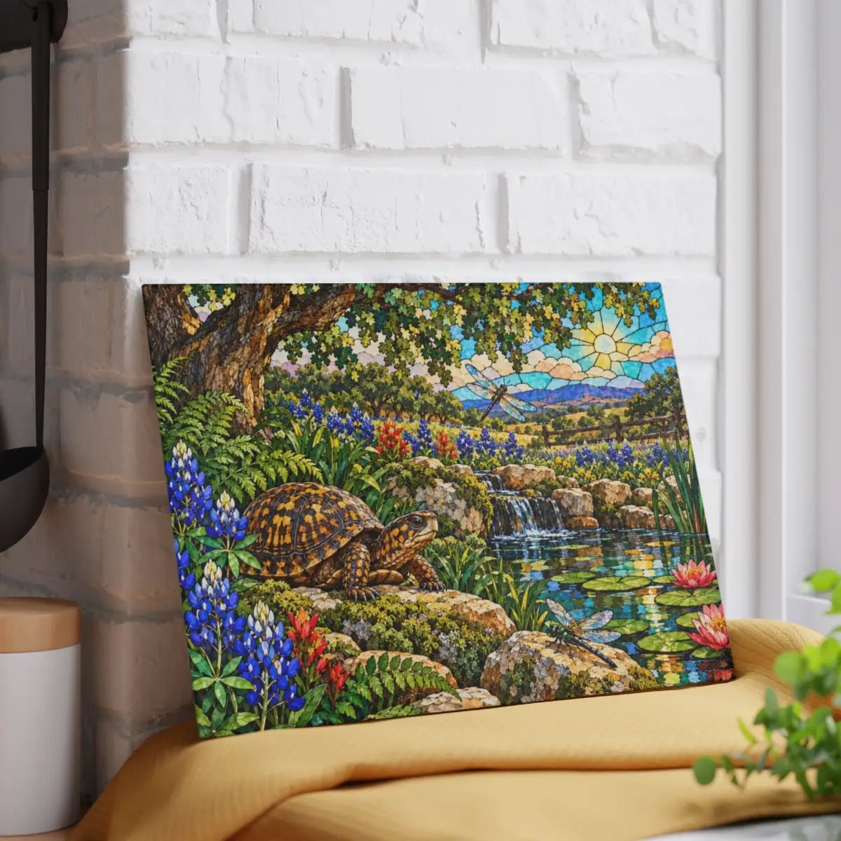 Box Turtle Glass Cutting Board, Texas Bluebonnet Kitchen Decor, Turtle and Dragonfly Gift, Wildlife Garden Cutting Board, Nature Decor