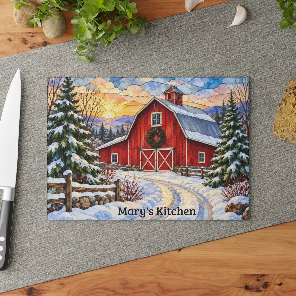 Winter Red Barn Glass Cutting Board, Snowy Country Road Farmhouse Kitchen Decor, Rustic Christmas Barn Gift