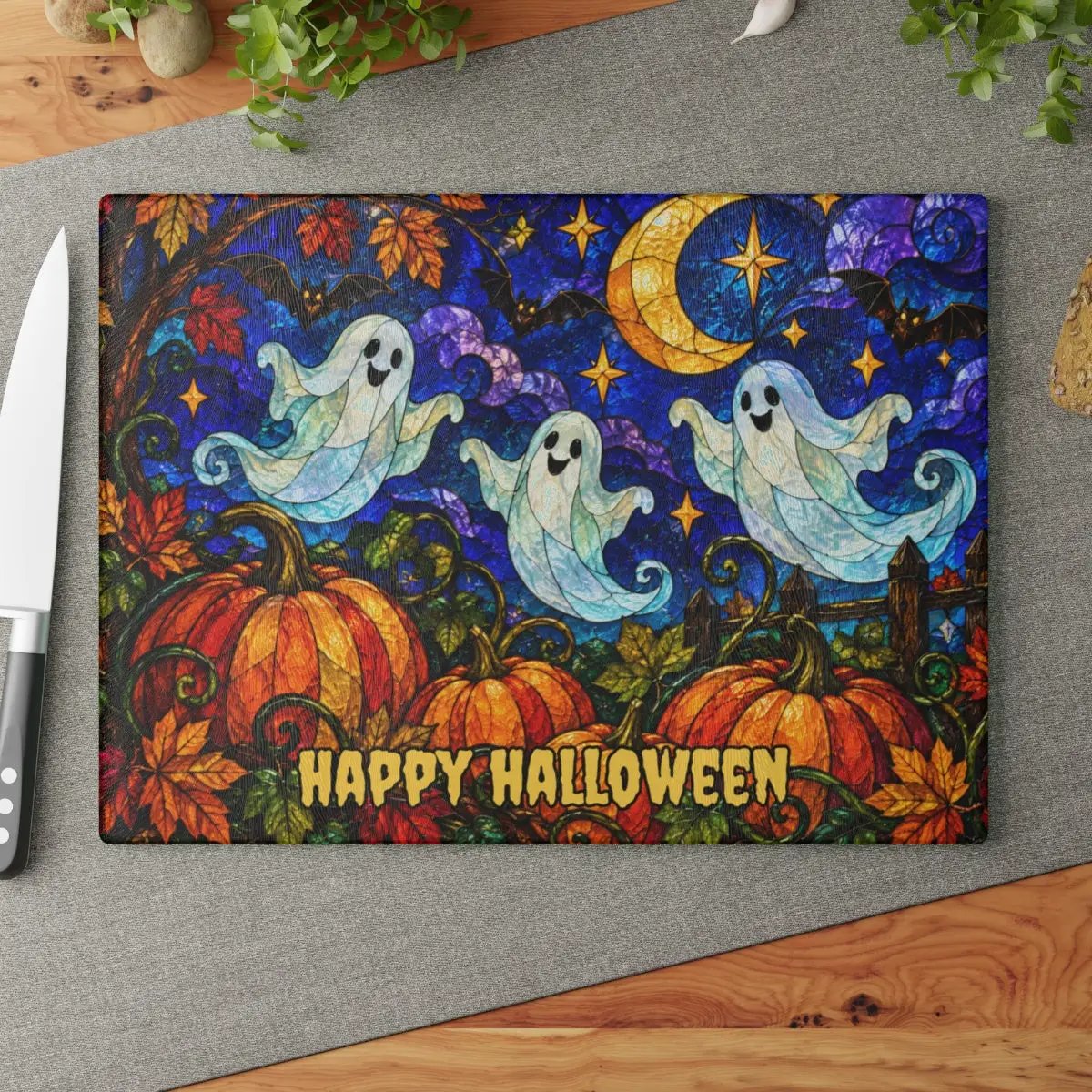 Halloween Ghosts Personalized Glass Cutting Board, Spooky Pumpkin Kitchen Decor