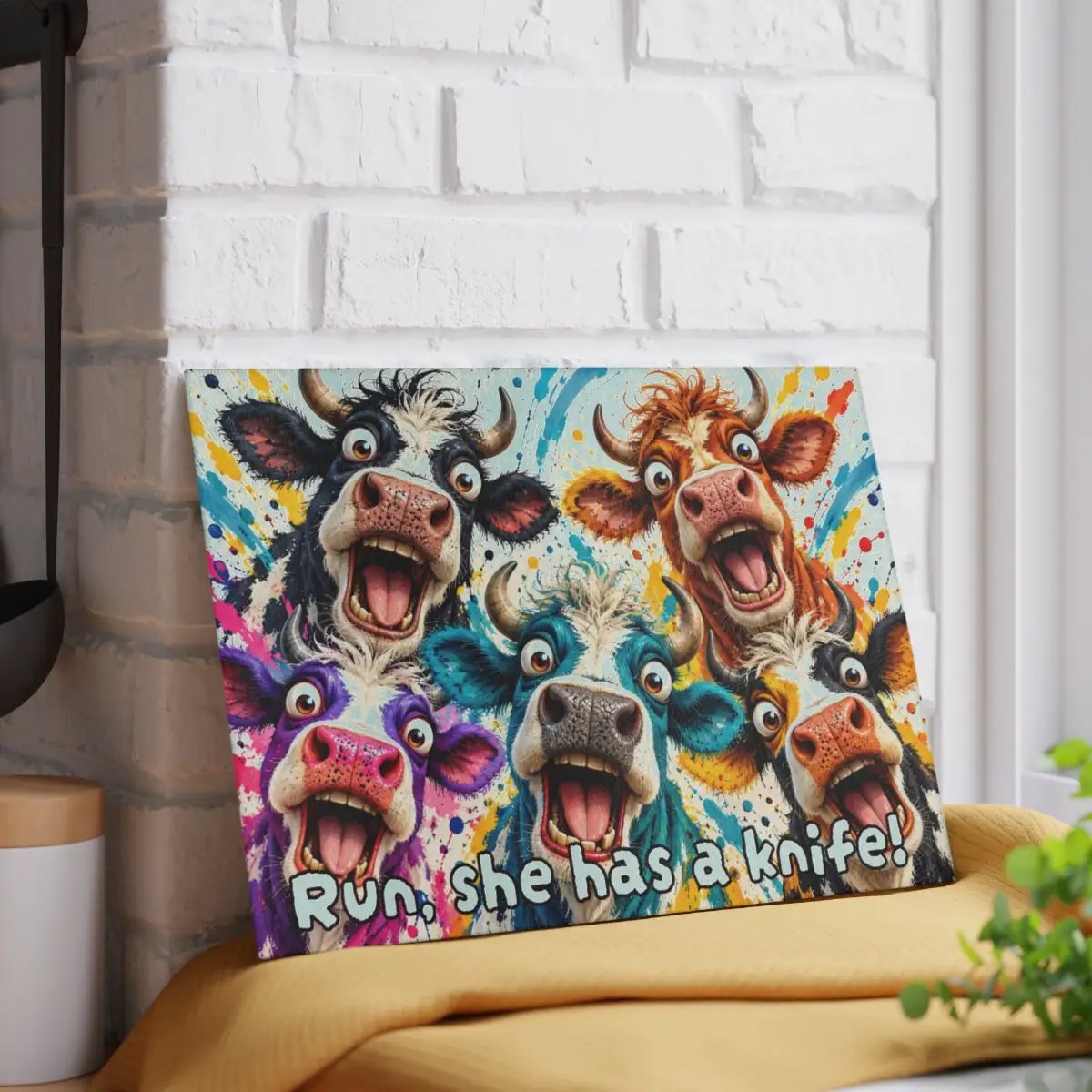 Screaming Cow Cutting Board, Funny Cow Glass Cutting Board, Colorful Cow Kitchen Decor, Farm Animal Gift, Cow Lover Gift