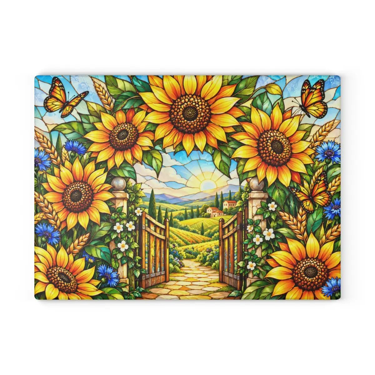 Sunflower Glass Cutting Board, Garden Gate Kitchen Decor, Stained Glass Floral Art, Sunflower Housewarming Gift, Cottage Garden Decor