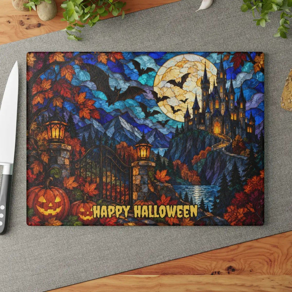 Halloween Castle Personalized Glass Cutting Board, Gothic Haunted House Kitchen Decor