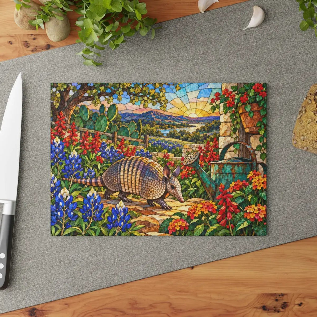 Texas Armadillo Glass Cutting Board, Stained Glass Bluebonnet Kitchen Decor, Colorful Lone Star State Gift