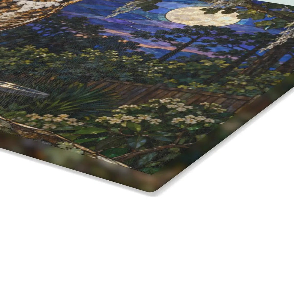 Great Horned Owl Glass Cutting Board, Owl Kitchen Decor, Backyard Bird Lover Gift, Birdwatcher Gift, Woodland Serving Board
