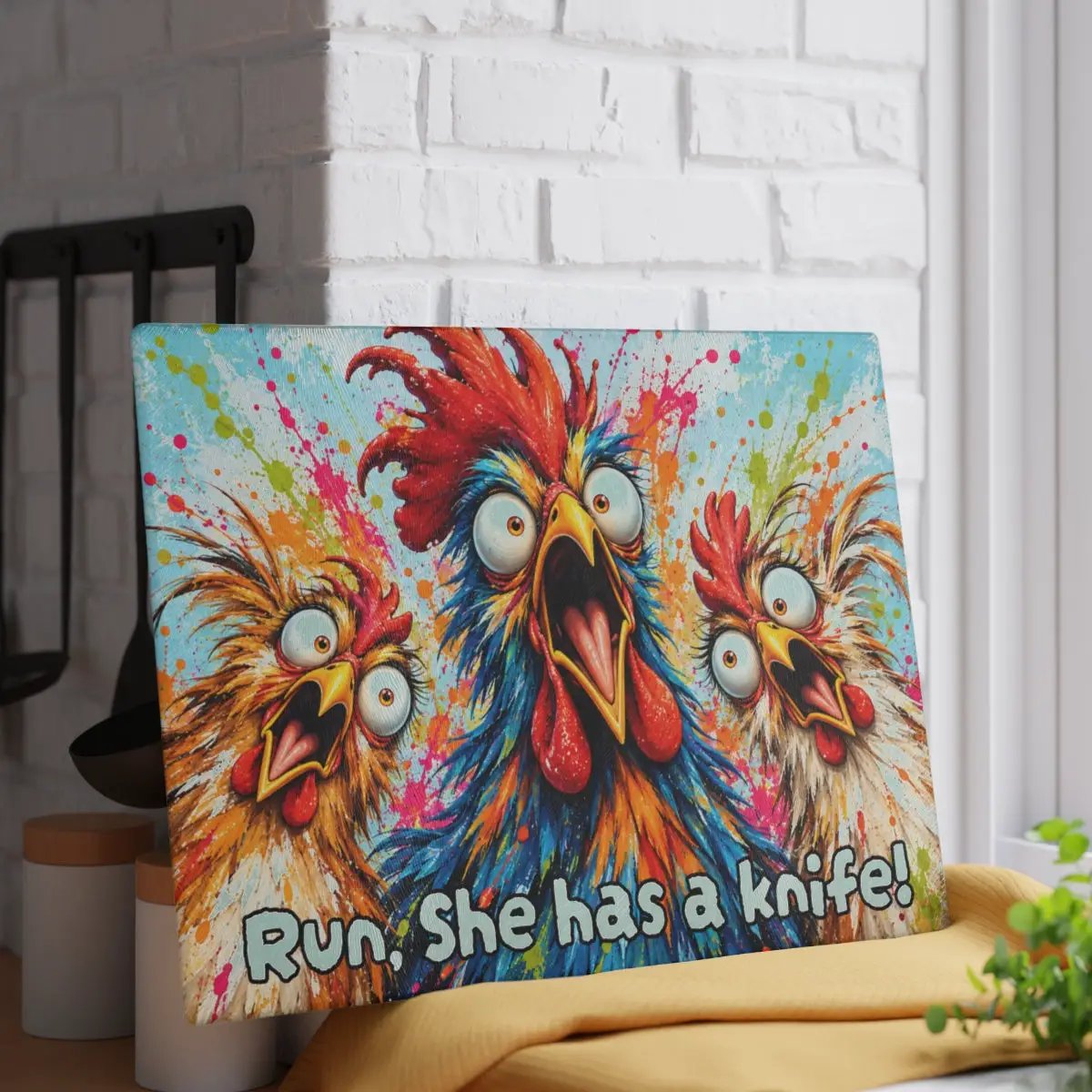 Three Screaming Chickens Cutting Board, Funny Chicken Kitchen Decor, Colorful Chicken Lover Gift, Farmhouse Kitchen Gift