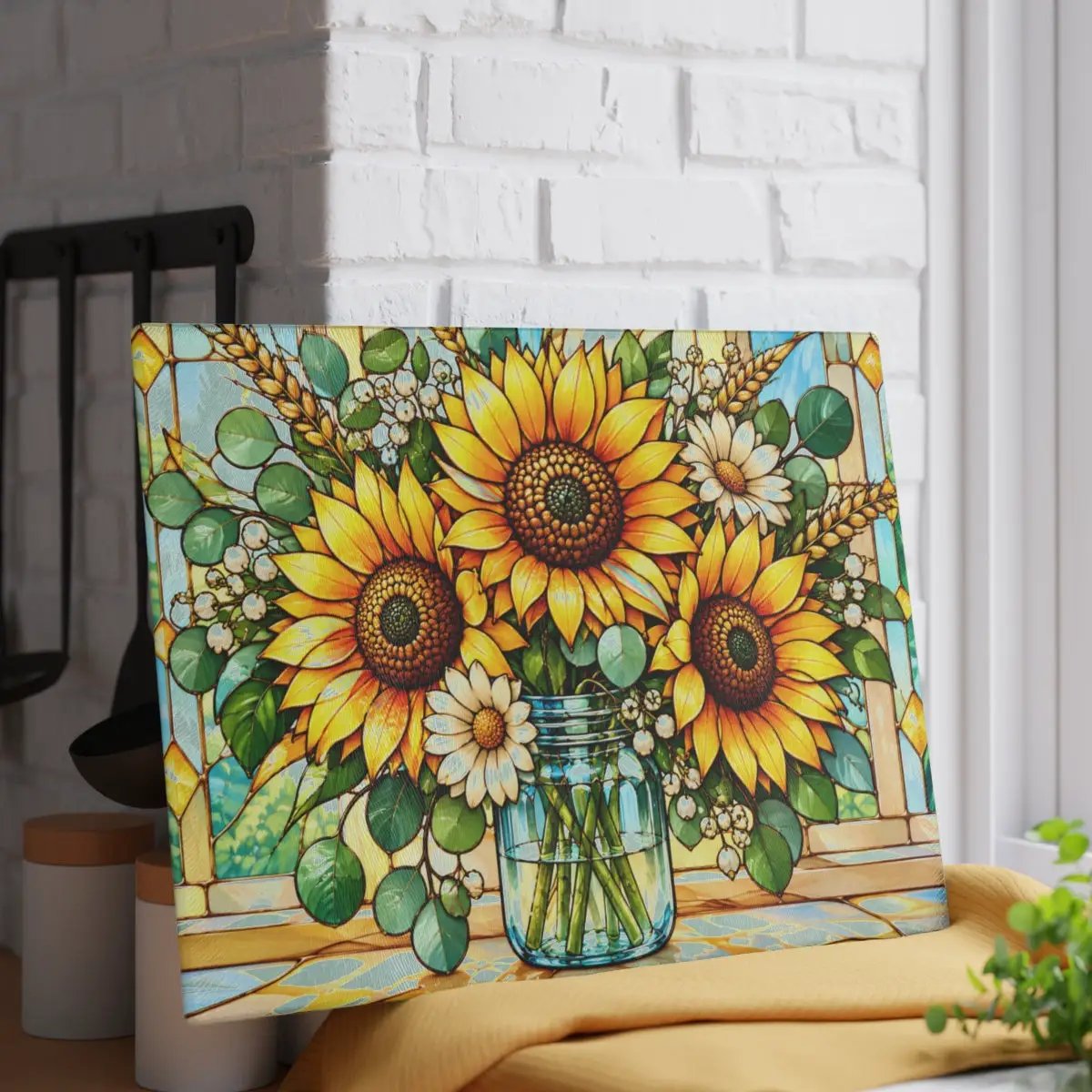 Sunflower Glass Cutting Board, Mason Jar Floral Kitchen Decor, Stained Glass Flower Board, Sunflower Gift for Mom, Cottage Kitchen Gift