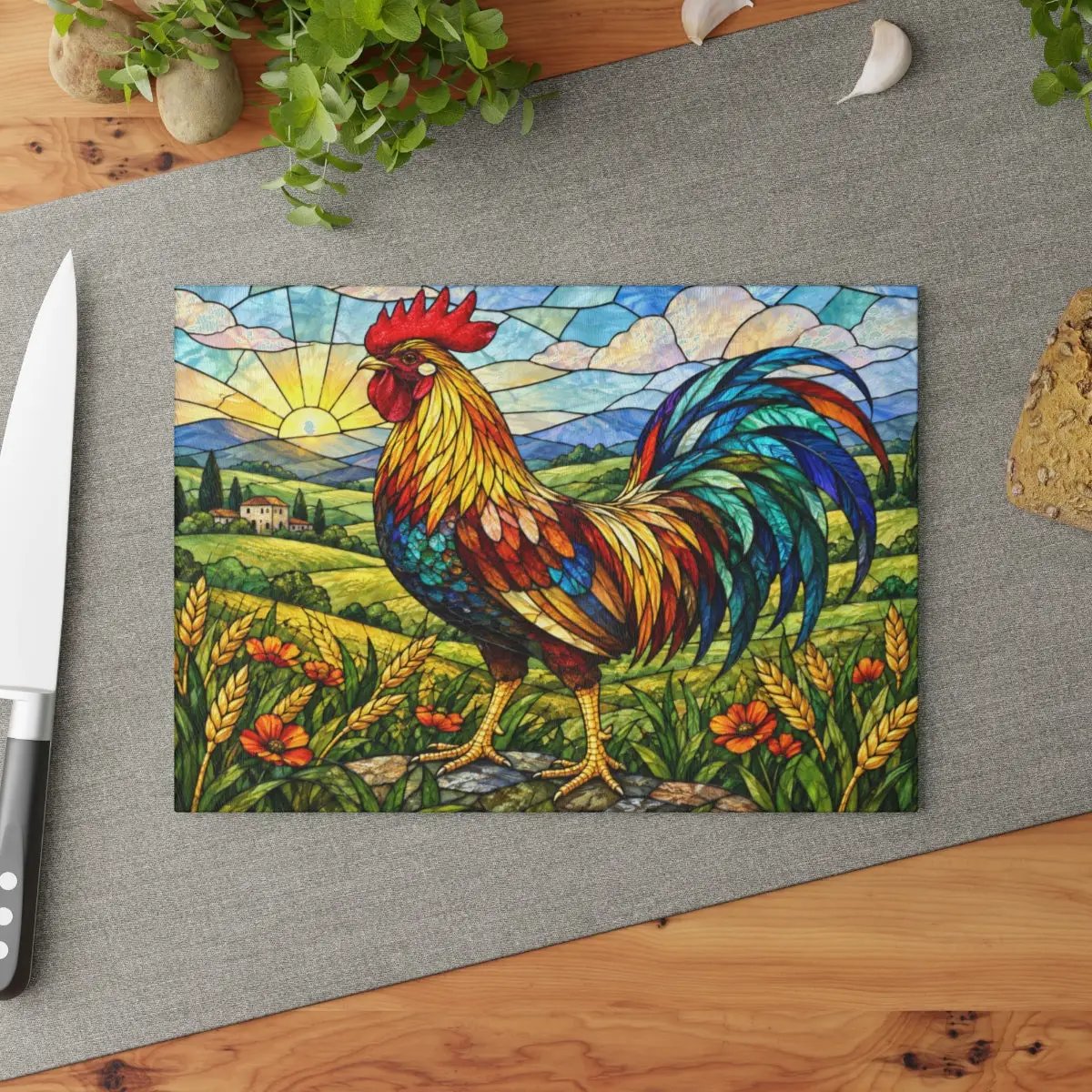 Rooster Glass Cutting Board, Colorful Farmhouse Kitchen Decor, Stained Glass Rooster Art, Country Kitchen Gift, Rustic Farm Decor